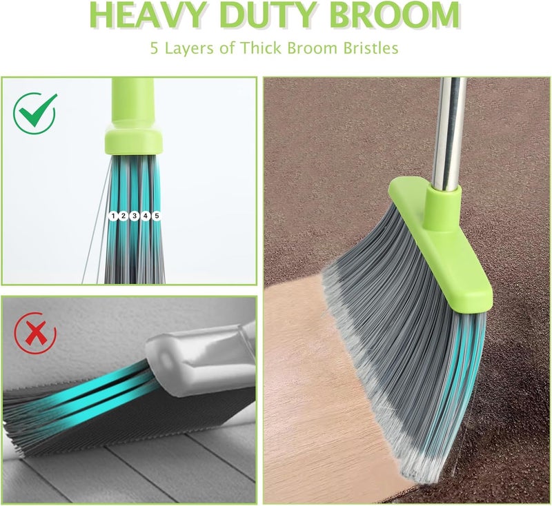 XXFLOWER Broom and Dustpan Set, Dustpans with Broom Combo for Home, Heavy Dust Broom and Dustpan Combo, Long Handle Dust Pan and Broom Set for Kitchen, Office, Pet Hair(Gray Green) - Image 3